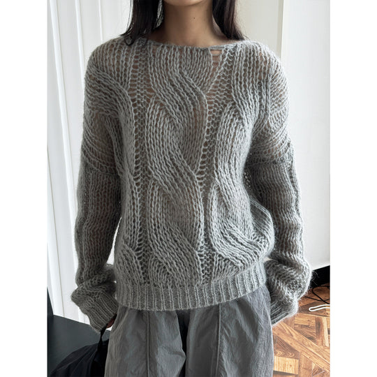 Damen Oversize Mohair‑Optik Zopfmuster‑Pullover mit Transparent‑Effekt Nord Taschen
