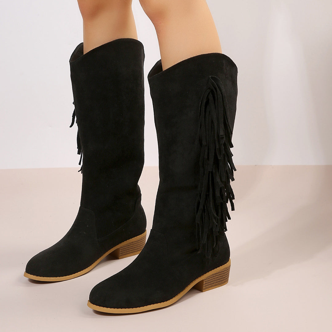 Damen nan knielange Wildlederimitat-Stiefel mit langen Fransen, mittlerem Blockabsatz und gepolstertem Komfortfußbett Nord Taschen