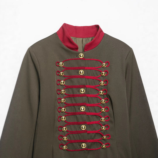 Damen Militärinspirierte Kastenjacke mit dekorativen Froschverschlüssen und Stehkragen Nord Taschen