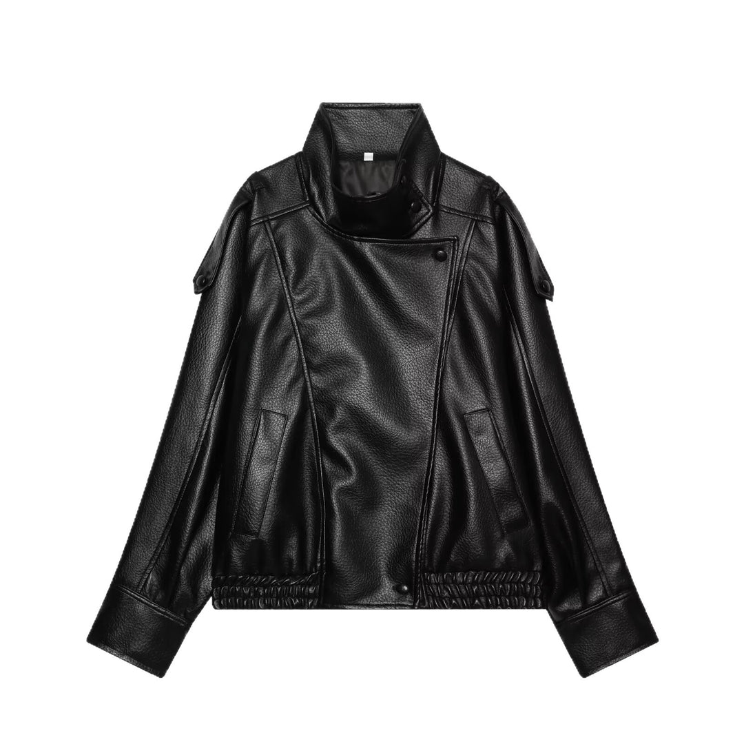 Damen Kurzjacke im asymmetrischen Biker‑Trenchstil aus veganer Lederoptik mit hohem Stehkragen Nord Taschen