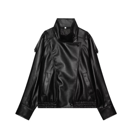 Damen Kurzjacke im asymmetrischen Biker‑Trenchstil aus veganer Lederoptik mit hohem Stehkragen Nord Taschen