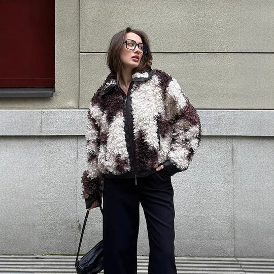 Damen Kurzblouson aus lockigem Bouclé‑Fauxfur mit Lederoptik‑Besatz Nord Taschen