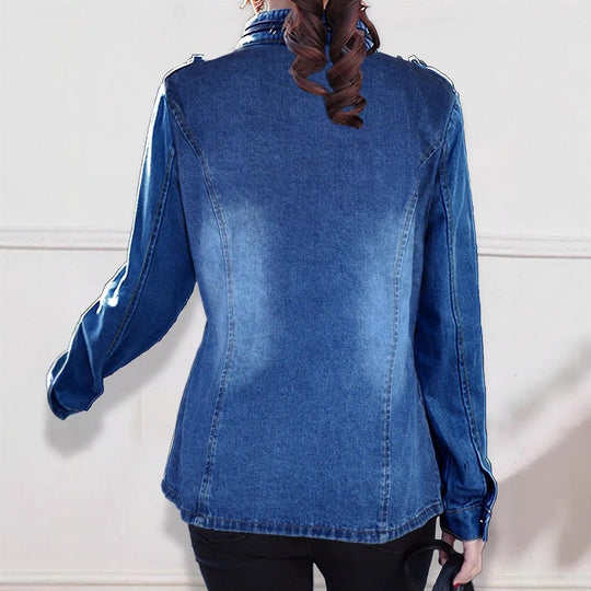 Damen taillierte Denim-Jacke im Military-Style mit Stehkragen und Pattentaschen Nord Taschen