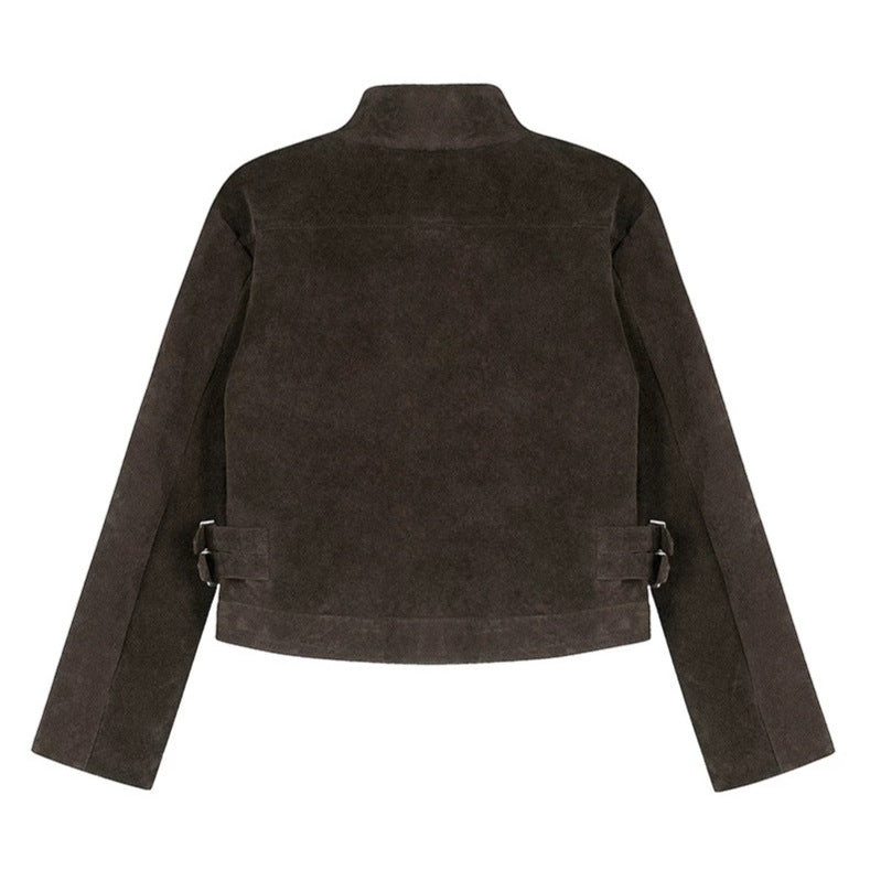 Damen Kurz geschnittene Wildlederjacke mit Stehkragen, Utility-Taschen und Seiten-Schnallen Nord Taschen