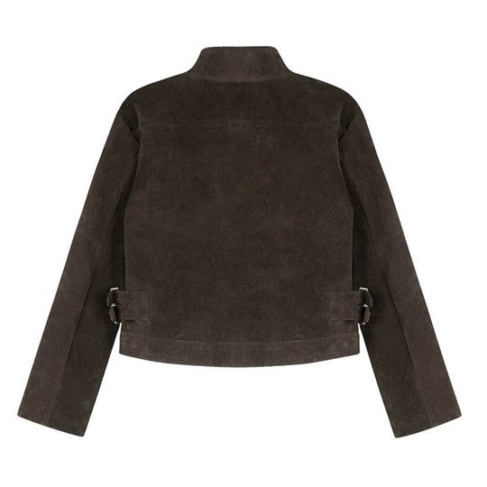 Damen Kurz geschnittene Wildlederjacke mit Stehkragen, Utility-Taschen und Seiten-Schnallen Nord Taschen