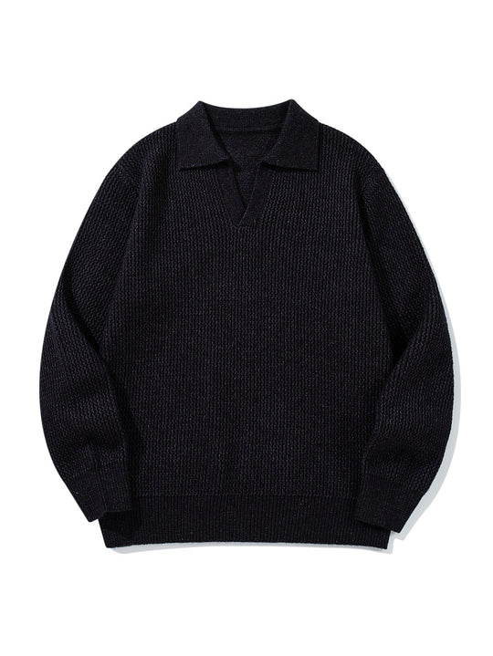 Herren Grobgestrickter Polokragen-Pullover mit V‑Ausschnitt und Rippenbündchen Nord Taschen