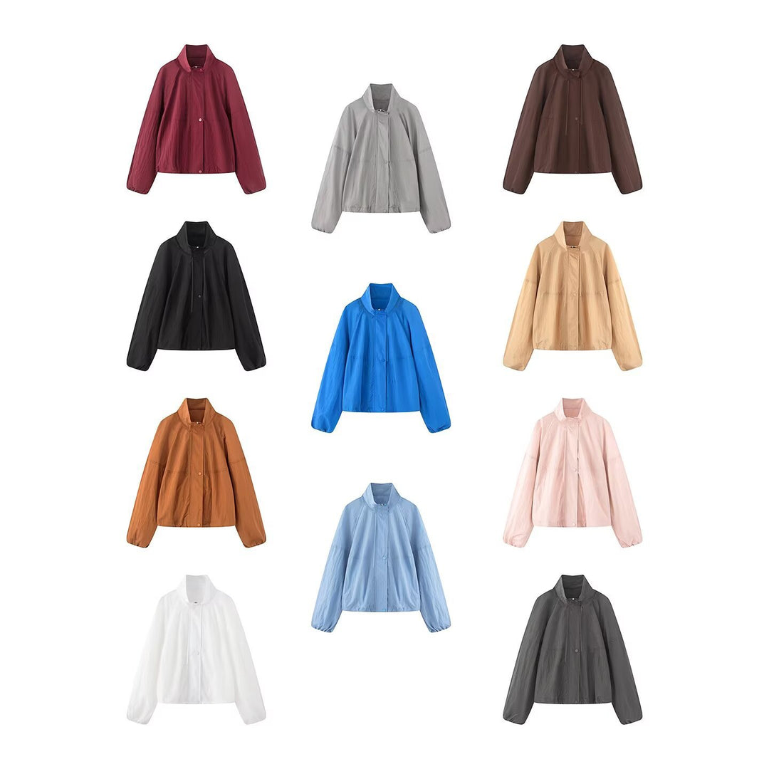 Damen Leichte Oversize-Blousonjacke aus Nylon mit Stehkragen, Kordelzug und Druckknopfverschluss Nord Taschen