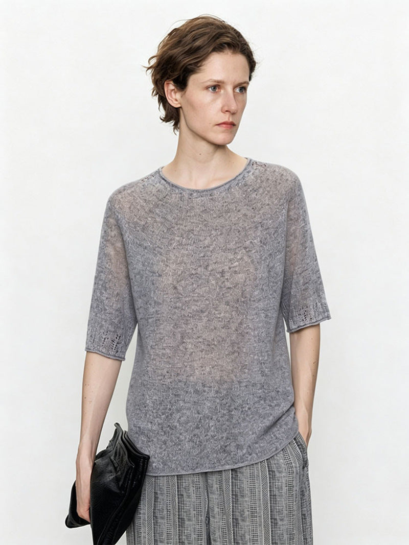 Damen Leichtes Feinstrick-Shirt mit halblangen Ärmeln, Rundhals und feinem Lochmuster Nord Taschen