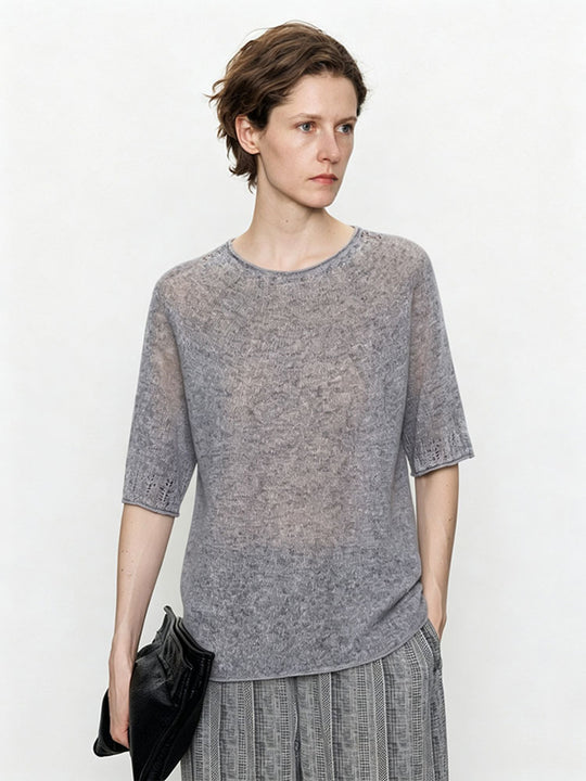 Damen Leichtes Feinstrick-Shirt mit halblangen Ärmeln, Rundhals und feinem Lochmuster Nord Taschen