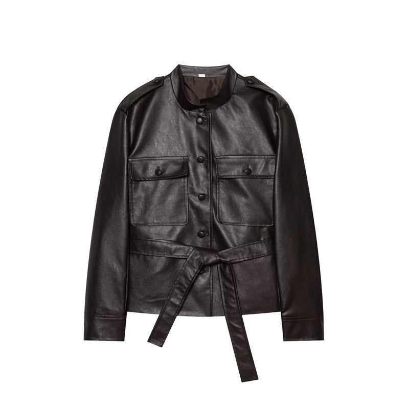 Damen Taillierter Kunstleder-Safari-Blouson mit Bindegürtel und Pattentaschen Nord Taschen