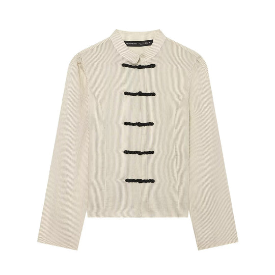 Damen Kurzjacke mit Stehkragen, chinesischen Kordelverschlüssen und Nadelstreifen Nord Taschen