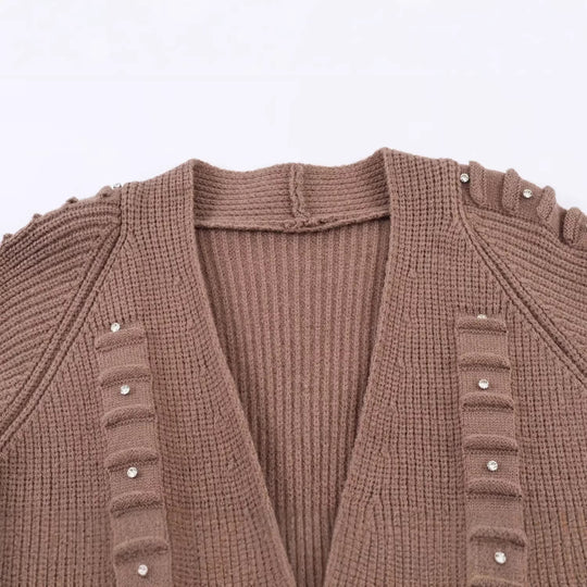 Damen Longline Strickcardigan mit Perlen- und Rüschendetail offene Front Nord Taschen