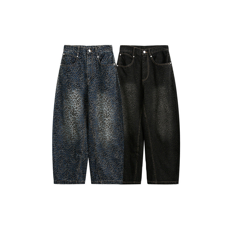 Damen Kurzgeschnittene Weite Jeans mit hoher Taille und Leopardenmuster Nord Taschen