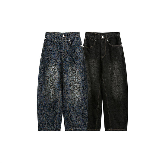 Damen Kurzgeschnittene Weite Jeans mit hoher Taille und Leopardenmuster Nord Taschen