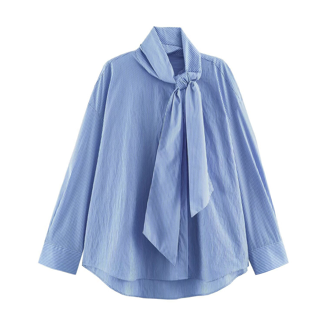 Damen Gestreifte Bluse mit Schleifenkragen und Oversize-Schnitt Nord Taschen