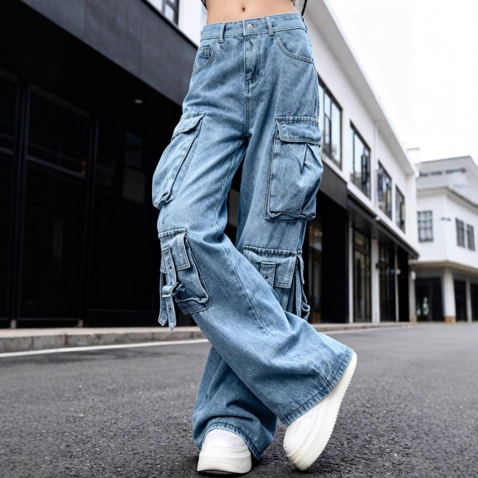 Damen Weite Cargo-Jeanshose mit mehreren aufgesetzten Taschen und Utility-Details Nord Taschen