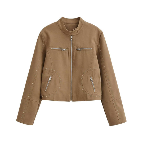 Damen Kurze Bikerjacke aus Wildlederimitat mit Nietenbesatz und Stehkragen Nord Taschen