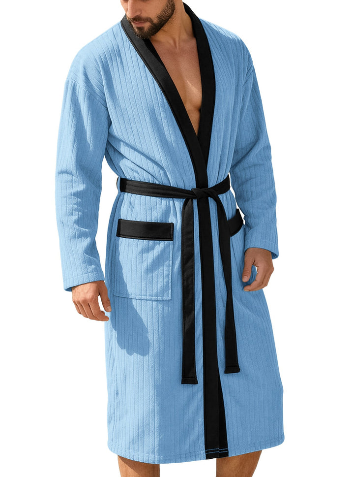 Herren nan wadenlanger Rippen-Bademantel im Kimono-Stil mit Schalkragen und Kontrastpaspel