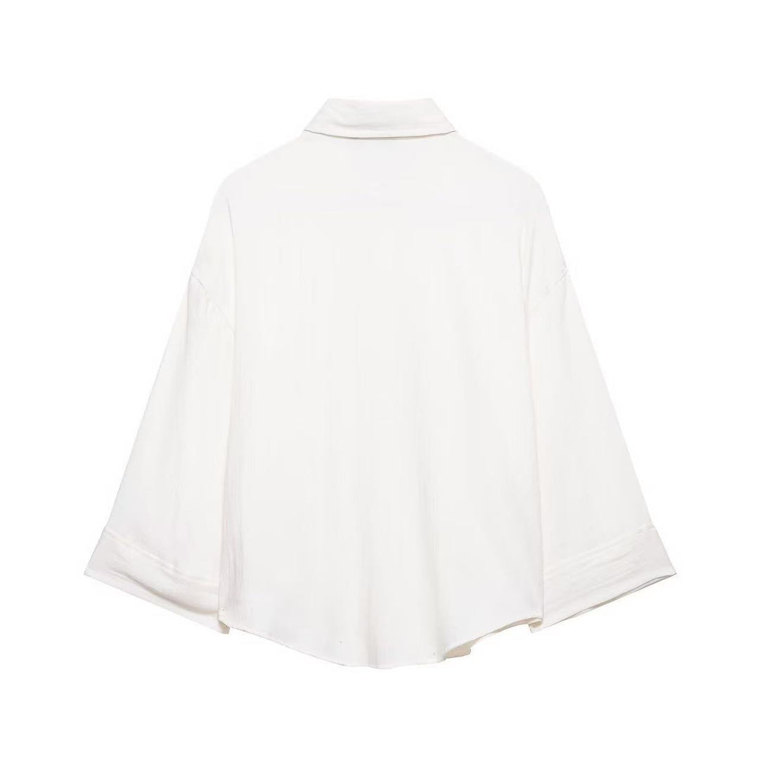 Damen Oversized Leinenoptik-Hemdbluse mit weiten Dreiviertelärmeln und Brusttasche Nord Taschen