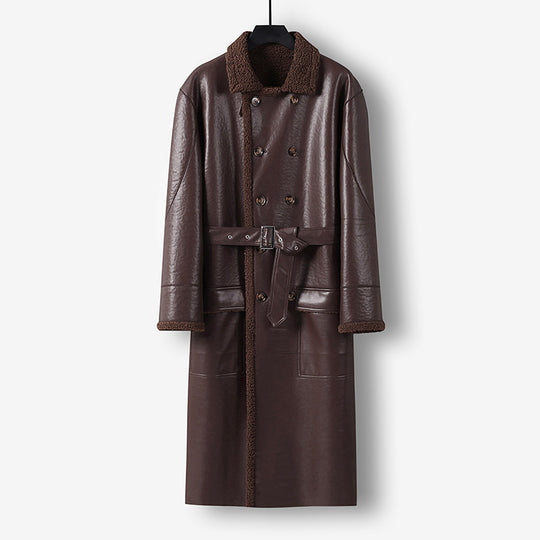 Herren Maxilanger Lederimitat-Mantel mit Teddyfutter, doppelreihiger Knopfleiste und Taillengürtel Nord Taschen