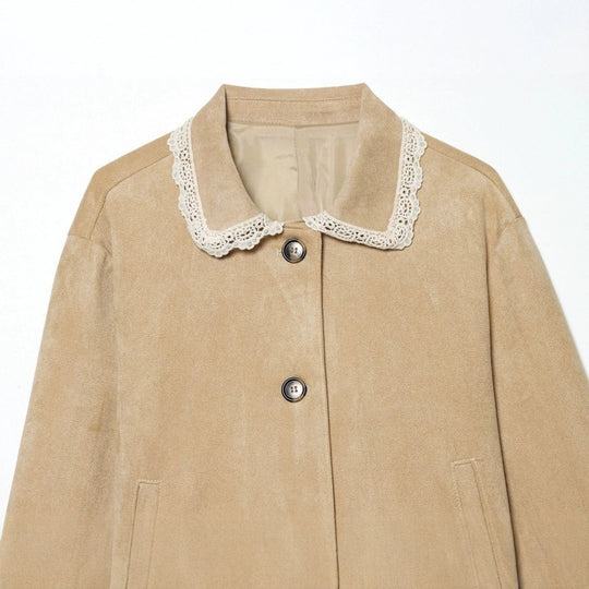 Damen Cropped-Veloursjacke mit Spitzkragen und Spitzenmanschetten Nord Taschen
