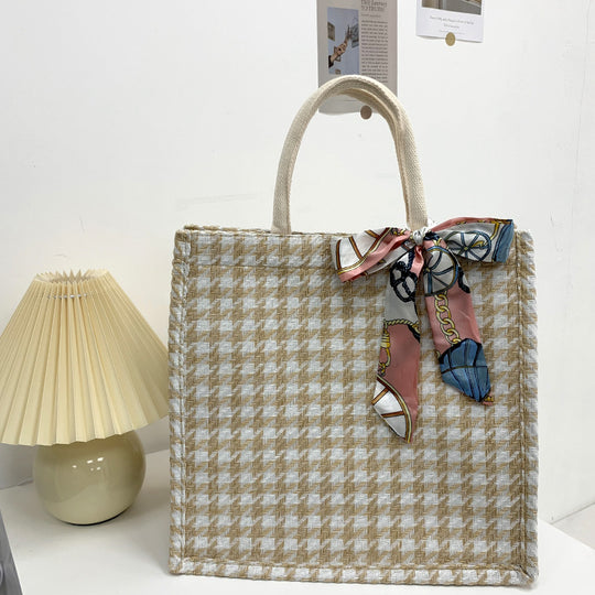 Damen Jute-Tragetasche mit elegantem Karomuster und dekorativen Schleifenakzenten Nord Taschen