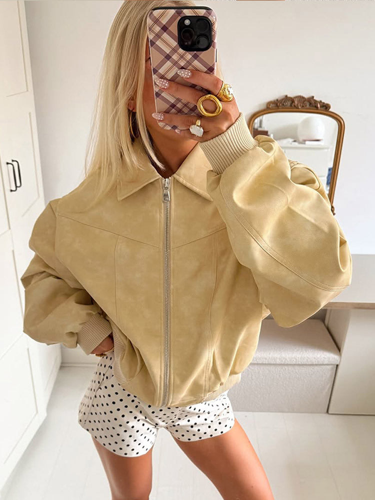 Damen Kurz geschnittener Oversize-Bomber in Veloursleder-Optik mit durchgehendem Reißverschluss & Rippbündchen Nord Taschen