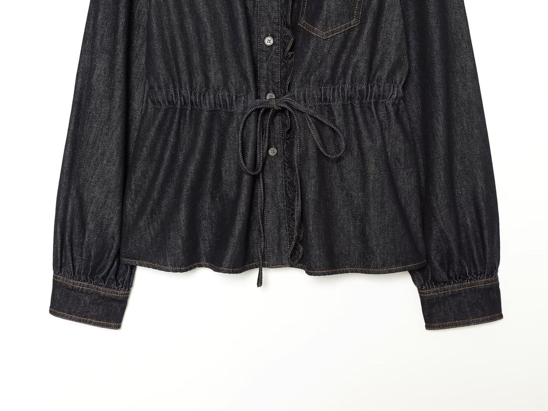 Damen Jeansbluse mit Rüschenleiste, Tunnelzug‑Taille und Manschettenärmel Nord Taschen