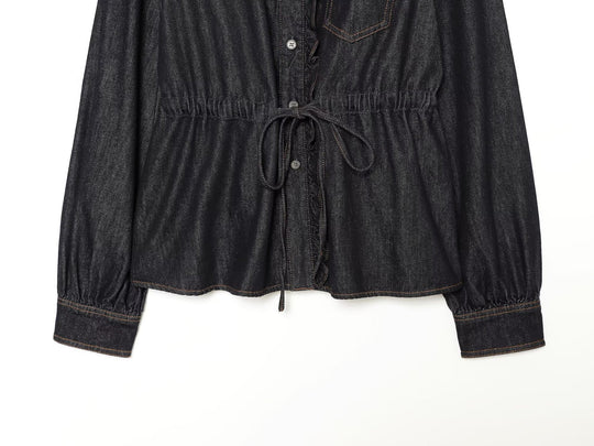 Damen Jeansbluse mit Rüschenleiste, Tunnelzug‑Taille und Manschettenärmel Nord Taschen