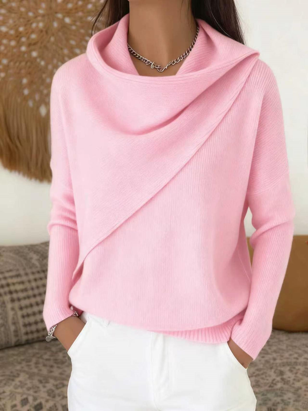 Damen Asymmetrischer Grobstrick-Pullover mit Schalkragen Nord Taschen