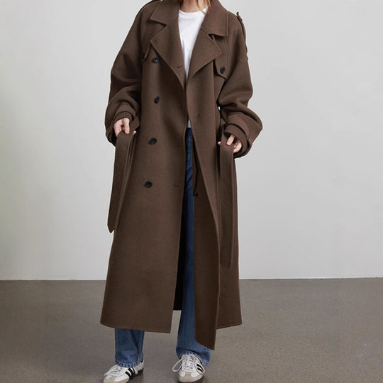 Damen Langer Wollmix-Mantel mit breitem Revers, Epauletten und verstellbaren Ärmelriegeln Nord Taschen