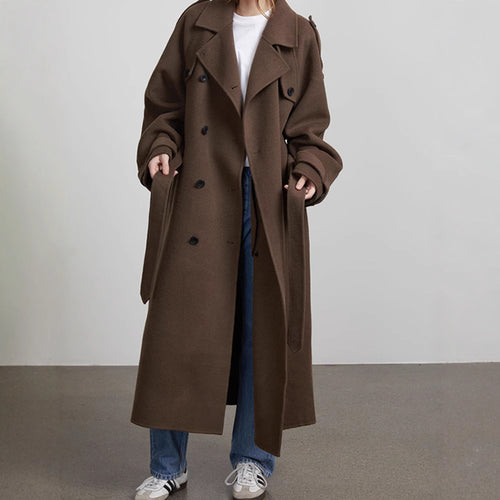 Damen Langer Wollmix-Mantel mit breitem Revers, Epauletten und verstellbaren Ärmelriegeln Nord Taschen