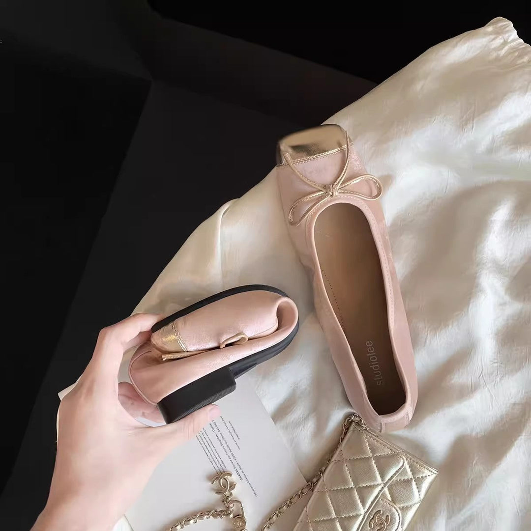Damen elegante Ballerinas mit Schleifendetail und glänzender Schuhspitze