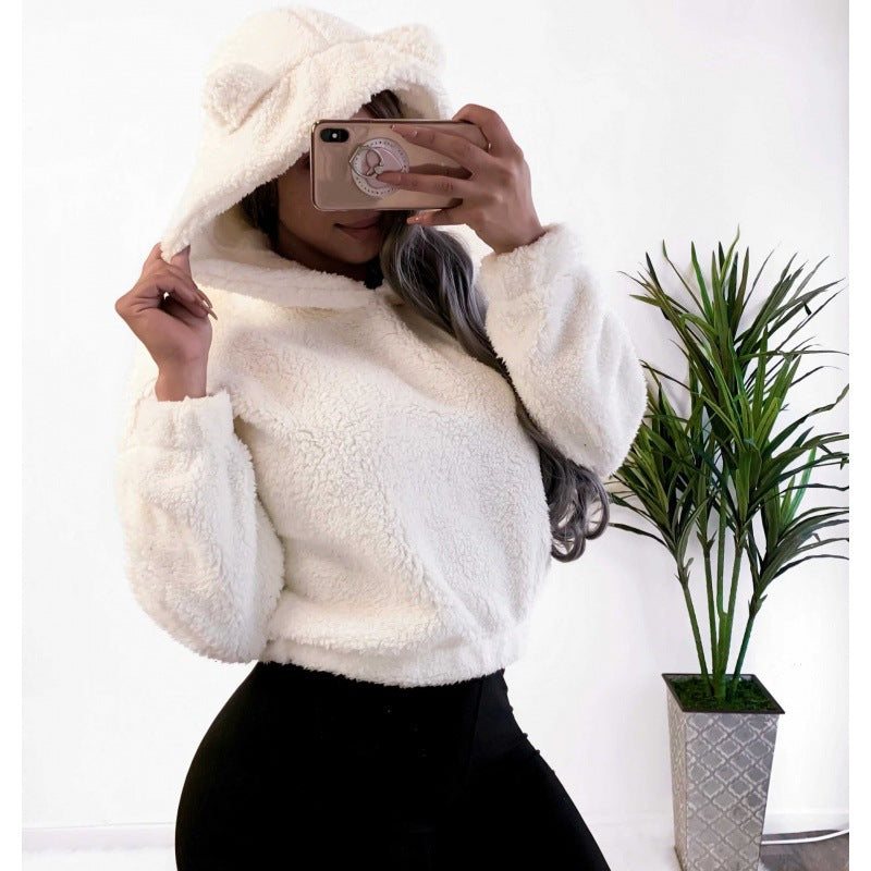 Damen Kurzer Kapuzen‑Sherpa‑Pullover mit Kängurutasche und elastischem Saum Nord Taschen