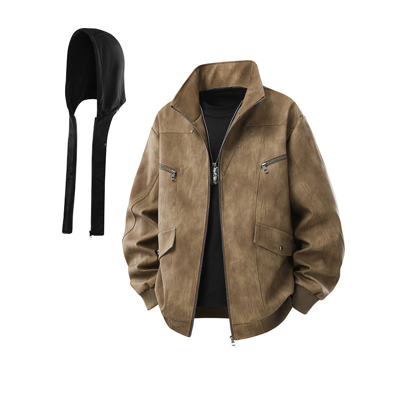 Herren Oversize-Blouson aus Kunstleder mit abnehmbarem Kapuzen‑Einsatz, Stehkragen und Utility‑Taschen Nord Taschen