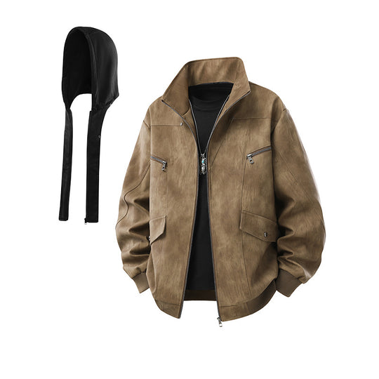 Herren Oversize-Blouson aus Kunstleder mit abnehmbarem Kapuzen‑Einsatz, Stehkragen und Utility‑Taschen Nord Taschen