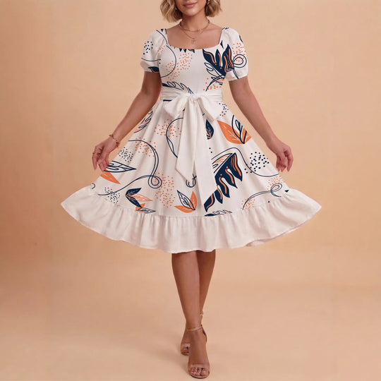 Damen Sommerliches Blumenkleid mit taillierbarem Gürtel und voluminösen Ärmeln
