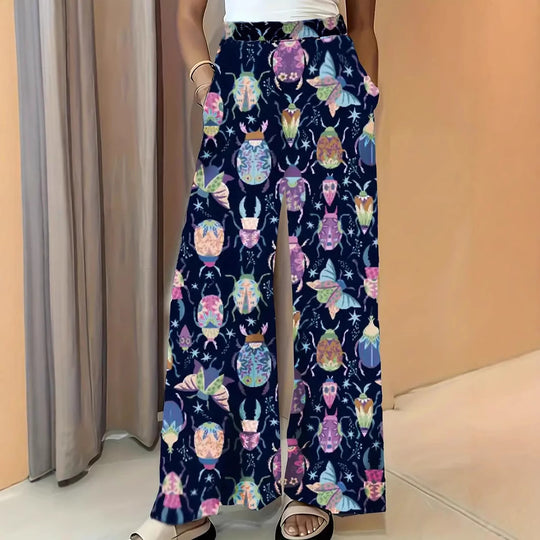 Damen Weite Palazzo-Hose mit elastischem Bund und auffälligem Käferprint Nord Taschen