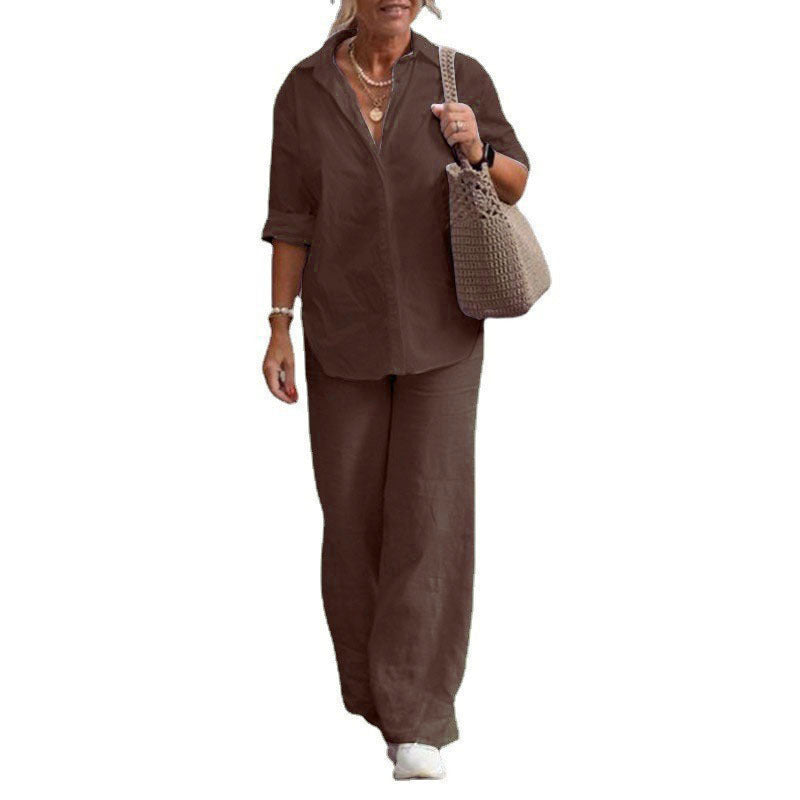 Damen Leichtes Leinen-Optik Zweiteiler mit Oversize-Hemd und weiter Palazzohose Nord Taschen