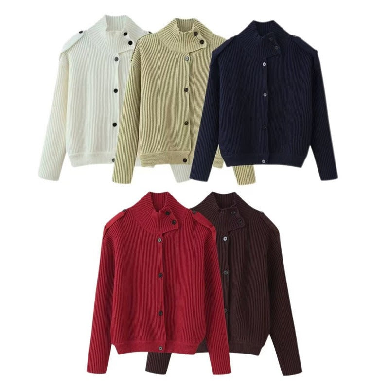 Damen Gerippter Strickcardigan mit Stehkragen und Schulterknopf-Detail Nord Taschen