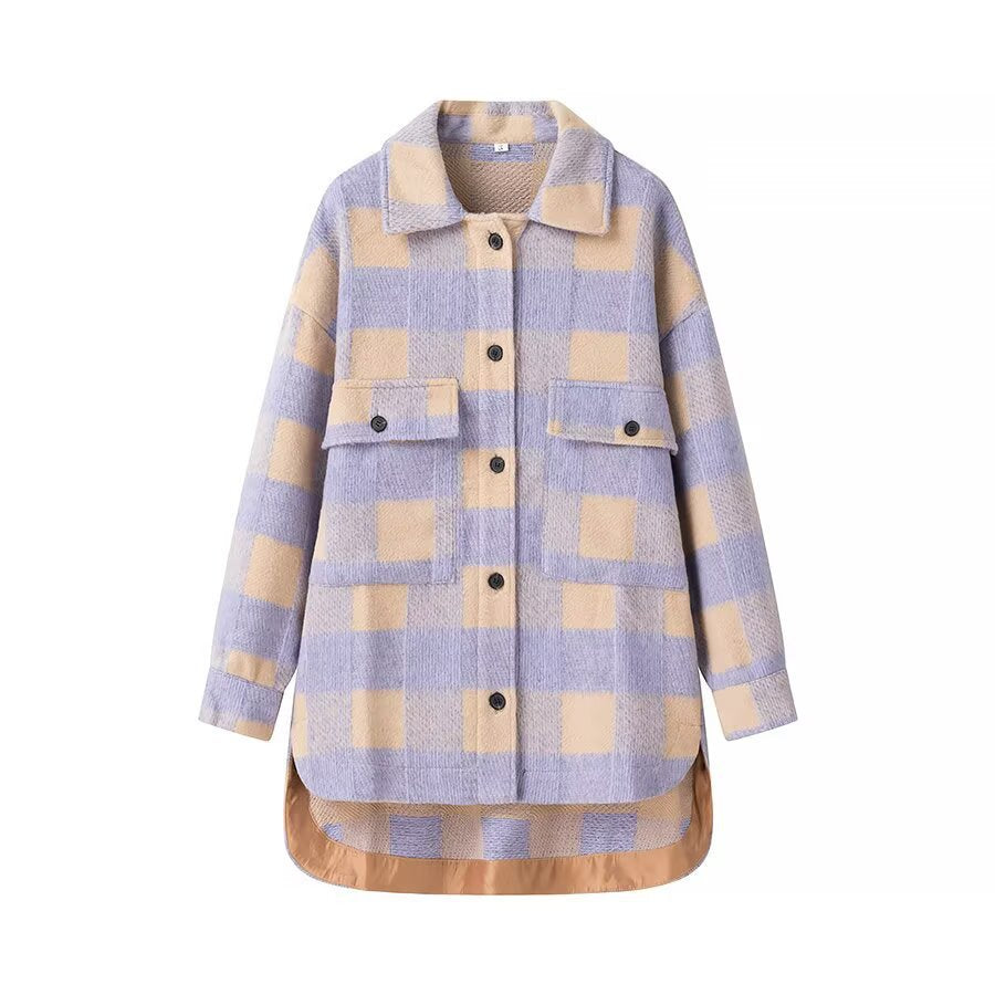 Damen Oversized Hemdjacke im Karo mit großen Pattentaschen und gerundetem Saum Nord Taschen