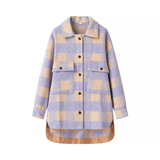Damen Oversized Hemdjacke im Karo mit großen Pattentaschen und gerundetem Saum Nord Taschen