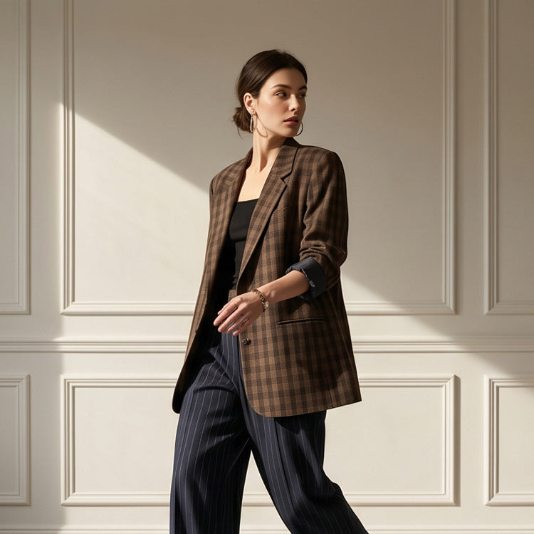 Damen Oversize-Karoblazer mit kastiger Silhouette und überschnittenen Schultern Nord Taschen