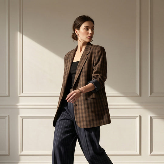 Damen Oversize-Karoblazer mit kastiger Silhouette und überschnittenen Schultern Nord Taschen