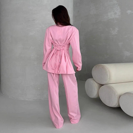 Damen Zweiteiliges Oversize-Anzugset mit Wickel-Blazer und weiten Palazzohosen Nord Taschen
