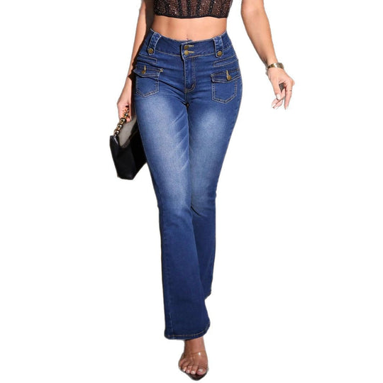 Damen Hochtaillierte Bootcut-Jeans mit Zierknopfleiste und Utility‑Pattentaschen Nord Taschen