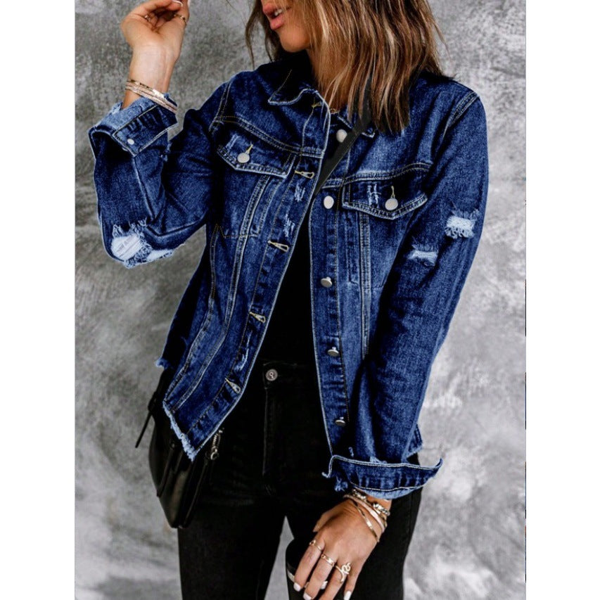 Damen Taillierte Jeansjacke mit Destroyed-Akzenten, aufgesetzten Pattentaschen und sichtbarer Steppnaht Nord Taschen