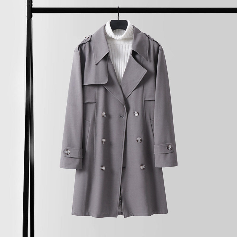 Damen Doppelreihiger Kurztrenchcoat aus leichtem Wollmix mit soften Fall und Schulterklappen Nord Taschen