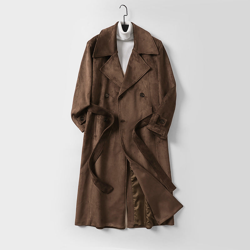 Herren Maxilanger Velours-Mantel im Trench-Look mit breitem Revers und Bindegürtel Nord Taschen
