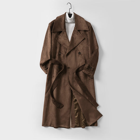 Herren Maxilanger Velours-Mantel im Trench-Look mit breitem Revers und Bindegürtel Nord Taschen